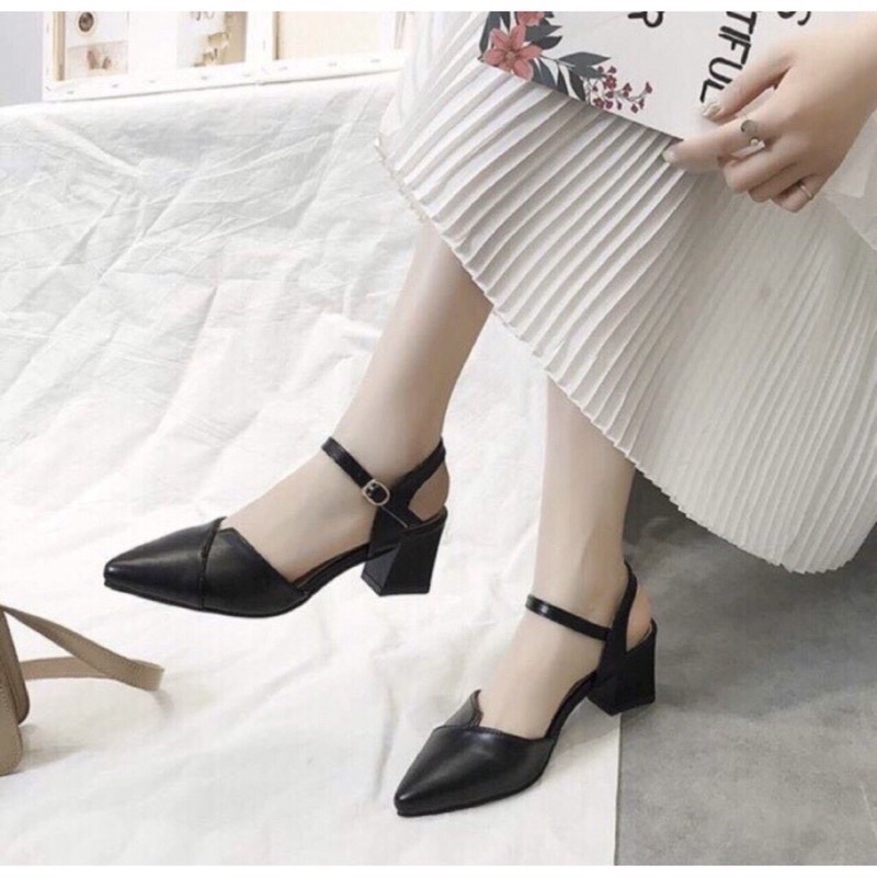 Giày công sở nữ, Sandal bít mũi nhọn gót vuông 6p da lì hàng xuất đẹp