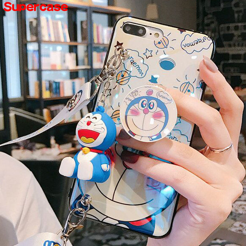 Cartoon doraemon Phone Case Samsung Galaxy A52 A02s A32 A02s A42 J7 J3 Pro J6 Plus S7 Edge Core Soft Couple Cover With Holder Stand Lanyard