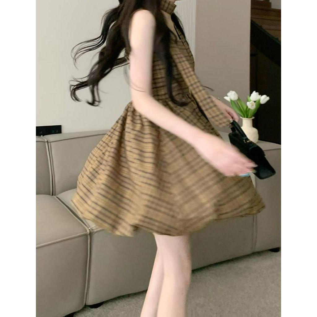 Đầm Hai Dây Ngắn Họa Tiết Sọc Caro Phong Cách vintage Gợi Cảm Cho Nữ
