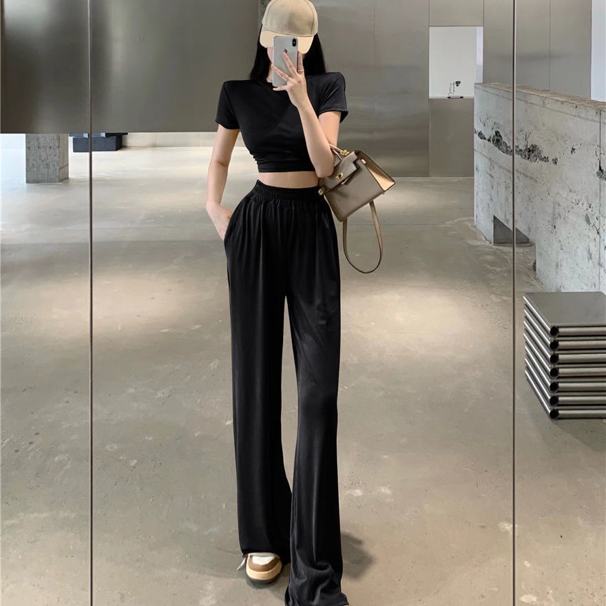 Set đồ COZOKC gồm áo thun ngắn tay phối quần ống rộng lưng cao thời trang dành cho nữ