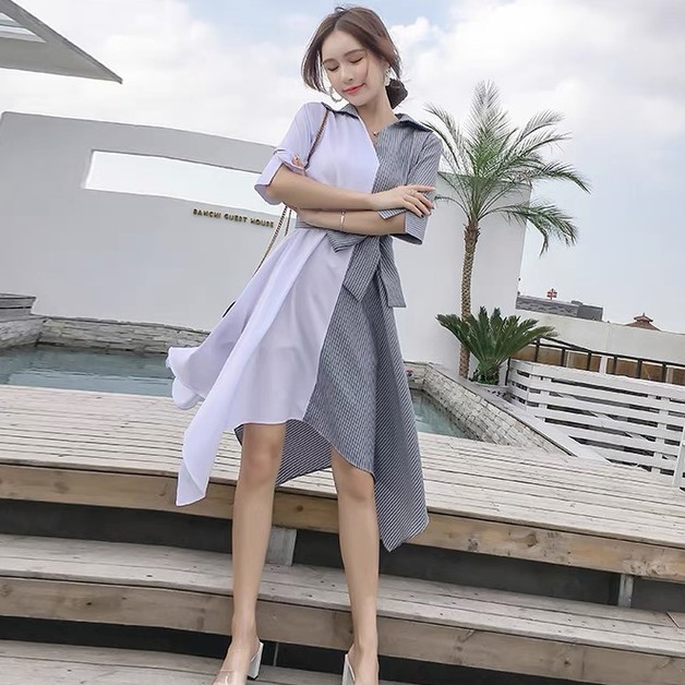 Đầm nữ tay ngắn cổ chữ V họa tiết sọc ngang thời trang quyến rũ