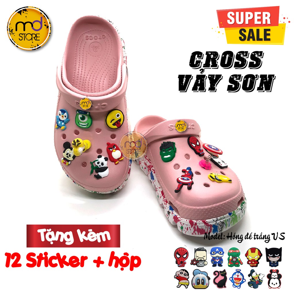 [Super Sale] Dép Cross vảy sơn hồng đế trắng , Dép Cross cá sấu bít đầu - Tặng kèm 12 Sticker, Jibitz +Hộp