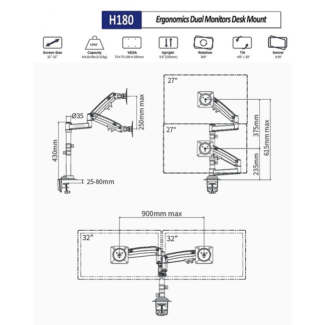 Giá treo 2 màn hình máy tính H180  22inch-32inch Dual Monitor Arm