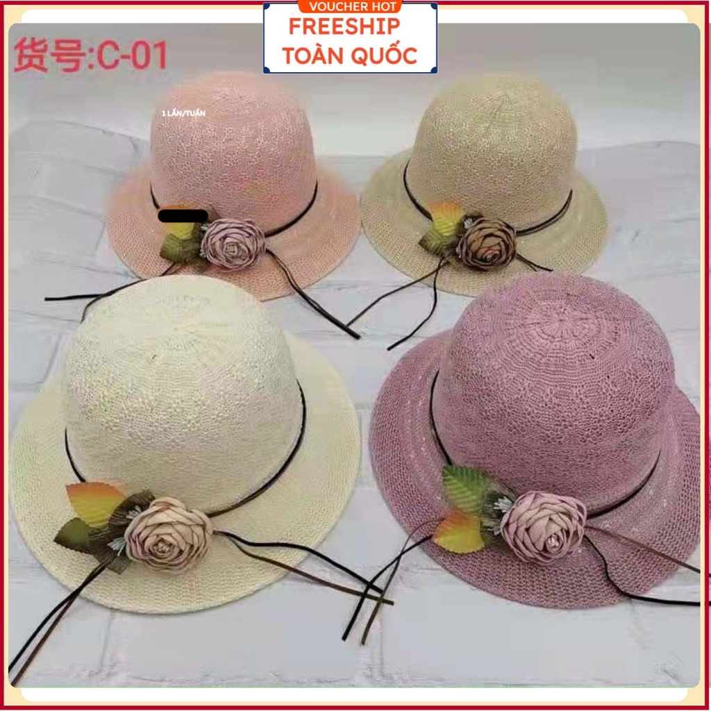 PVN28219 Mũ cói nón cói vành đính hoa hàng Quảng Châu cói mềm T2 .