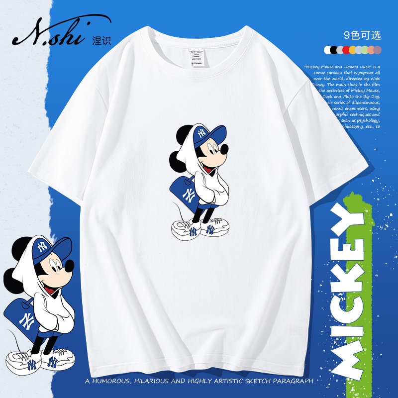 Disney MLB Áo Thun Cotton Nguyên Chất Tay Ngắn In Hình Chuột Mickey Vịt Donald Thời Trang Mùa Hè Cho Cặp Đôi