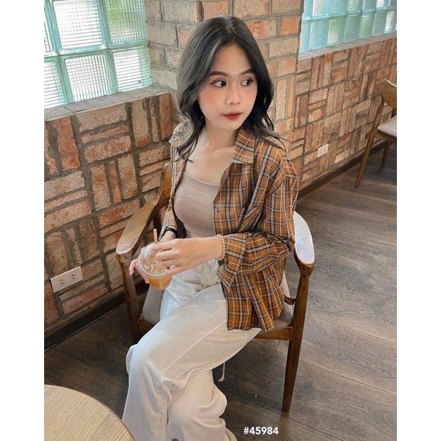 Áo sơmi cổ vest 1túi tay dài caro