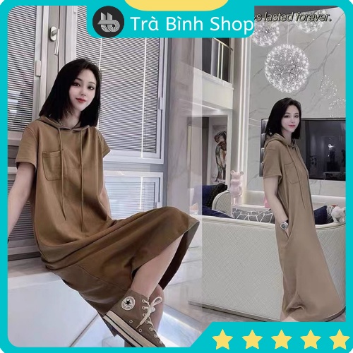 Váy len suông dài cộc tay có mũ kèm dây túi trước ngực 3 màu hottrend, đầm len suông dáng dài có mũ