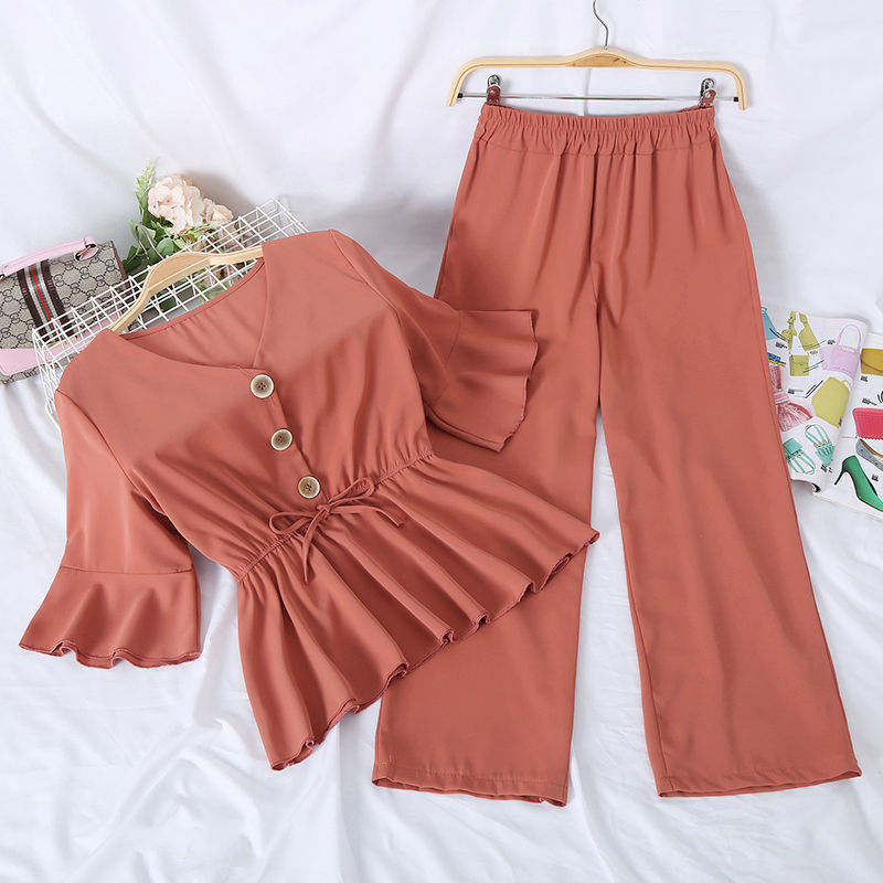 Set Đồ 2 Món Áo Cổ Chữ V Màu Trơn + Quần Dài Ống Loe Thời Trang Mùa Hè Mới Cho Nữ