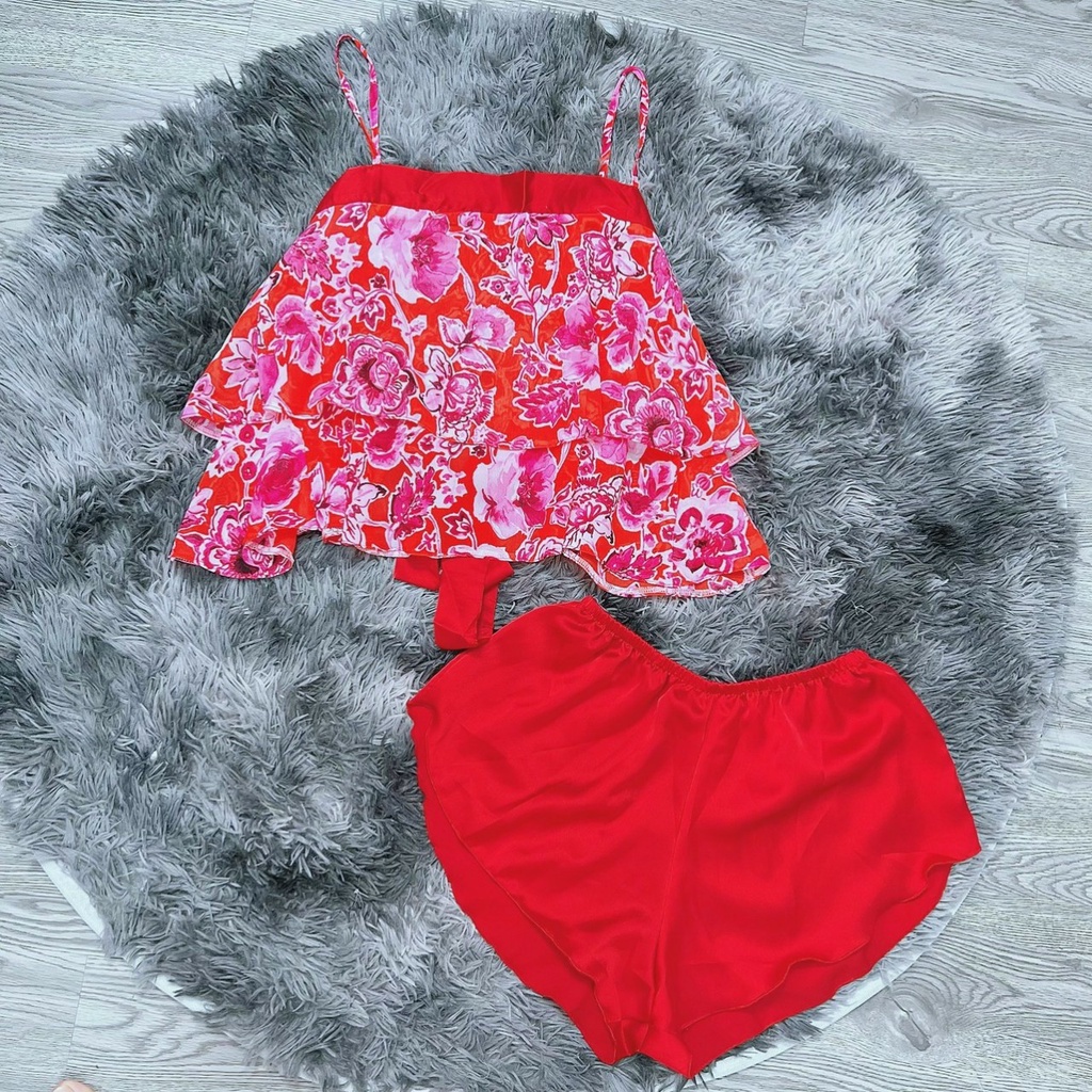 Set Đồ Nữ, Bộ Mặc Nhà 2 Dây Sexy Phối Bèo Tầng – Đồ Mặc Nhà Lụa Satin Quần Đùi Siêu Xinh Freesize