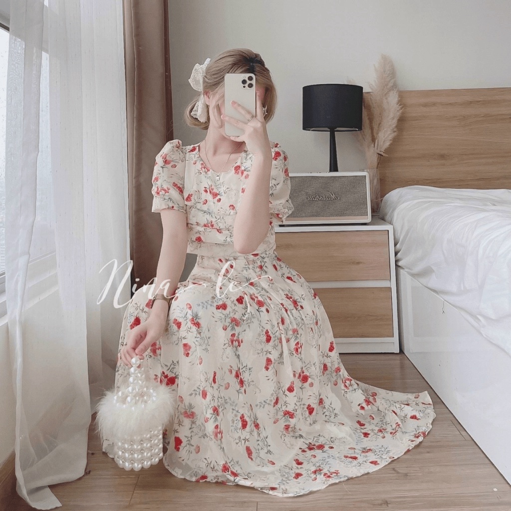 (Free Ship) Đầm Nữ Voan Chiffon Phối Hoa Dáng Xòe Tiểu Thư Siêu Xinh UP