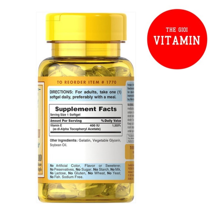 Vitamin E giúp đẹp da, chống lão hóa, hỗ trợ tim mạch Puritan's Pride Vitamin E-400 IU 100 viên