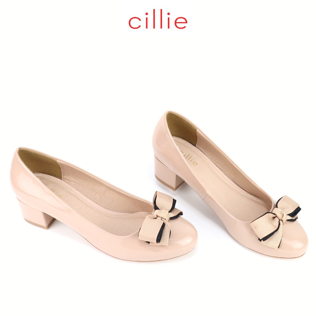 Giày cao gót nữ mũi tròn basic phối nơ nhẹ nhàng da bóng sang chảnh gót cao 4cm đi làm dạo phố Cillie 1200