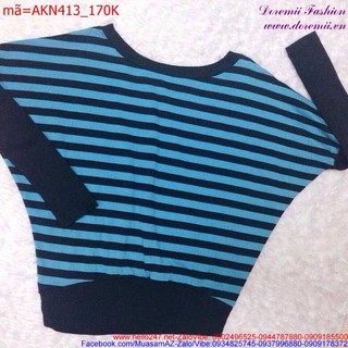 Áo kiểu nữ cổ tròn tay dài cánh dơi phối sọc thời trang AKN413