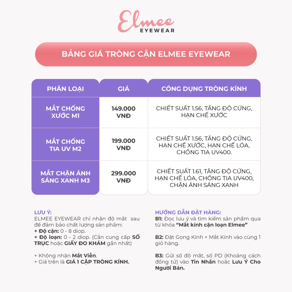 Kính mắt nữ Elmee phong cách Hàn Quốc chất liệu TR90 siêu nhẹ, chống ánh sáng xanh E9092