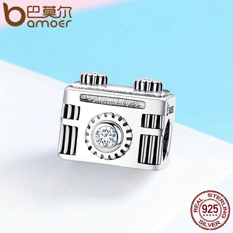 Hạt Charm Bamoer SCC516 Bạc 925 Thật Tráng Men Màu Đen Hình Máy Ảnh Tình Cảm Dùng Để Tự Làm Vòng Tay Và Dây Chuyền