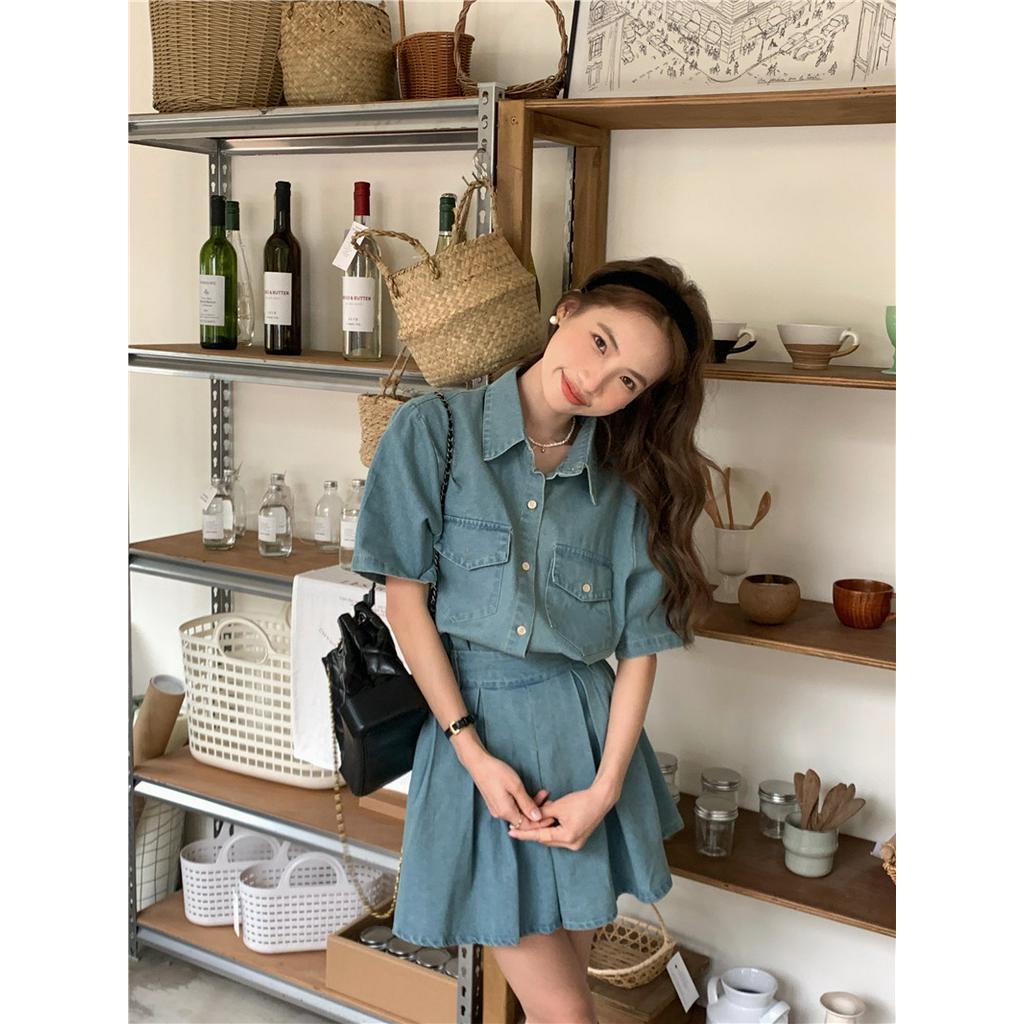 Bộ Áo Denim Ngắn Tay + Chân Váy Thời Trang Retro Hàn Quốc 63395