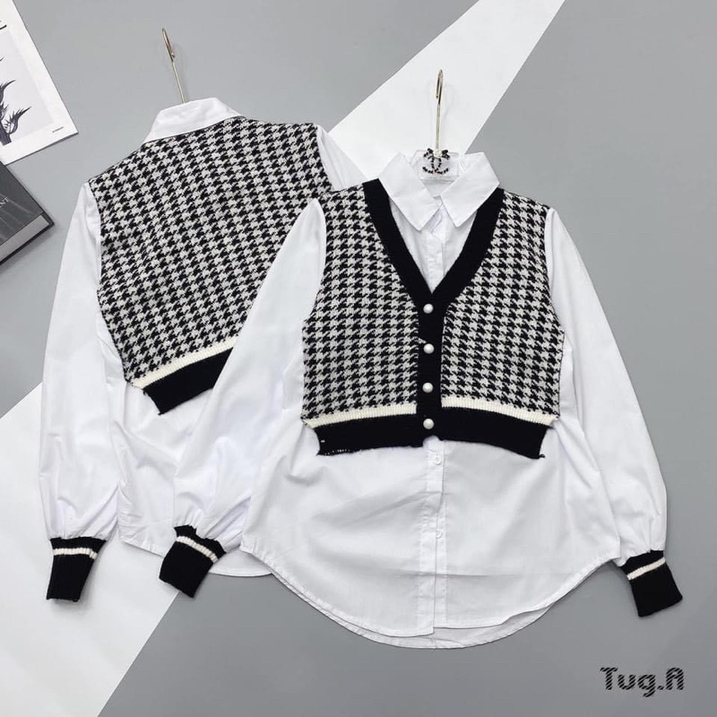 Sơmi liền gile len kẻ croptop