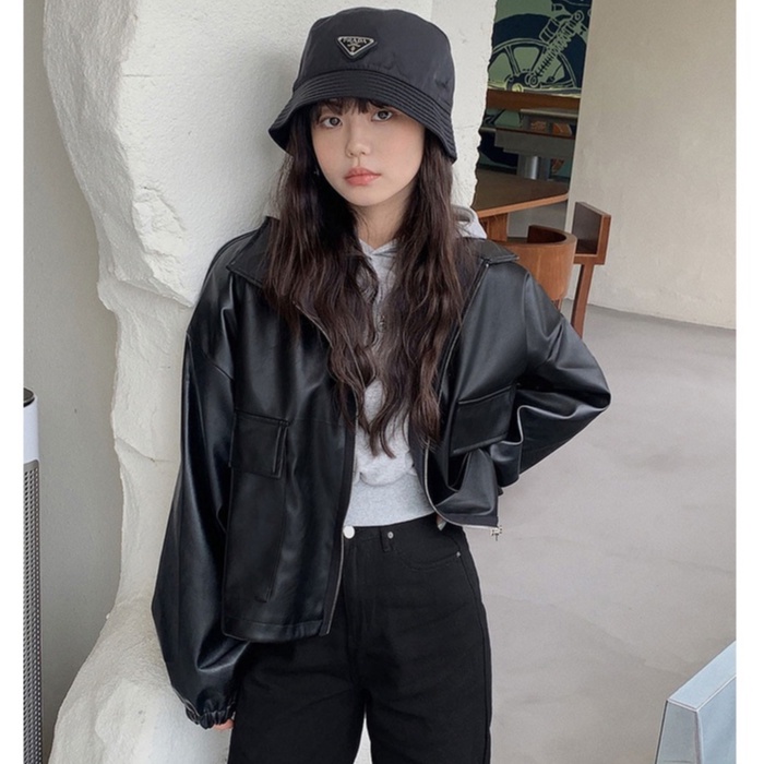 Áo khoác da PU phối túi đơn giản thời trang cho nữ 45925
