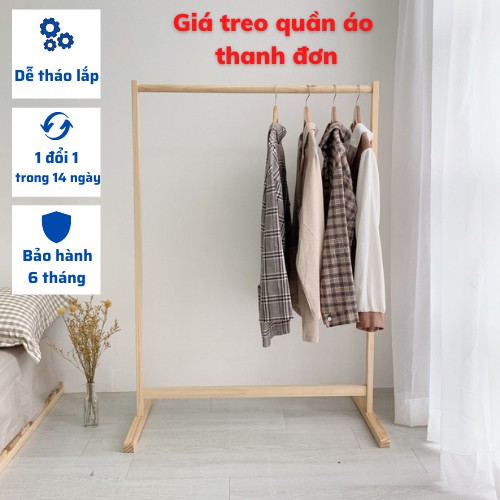 Giá Treo Quần Áo Thanh Đơn - Kệ Treo Quần Áo Decor Phòng Phong Cách Hàng Quốc, Gỗ Thông Cao Cấp Bền Đẹp - KT: 126X88X44