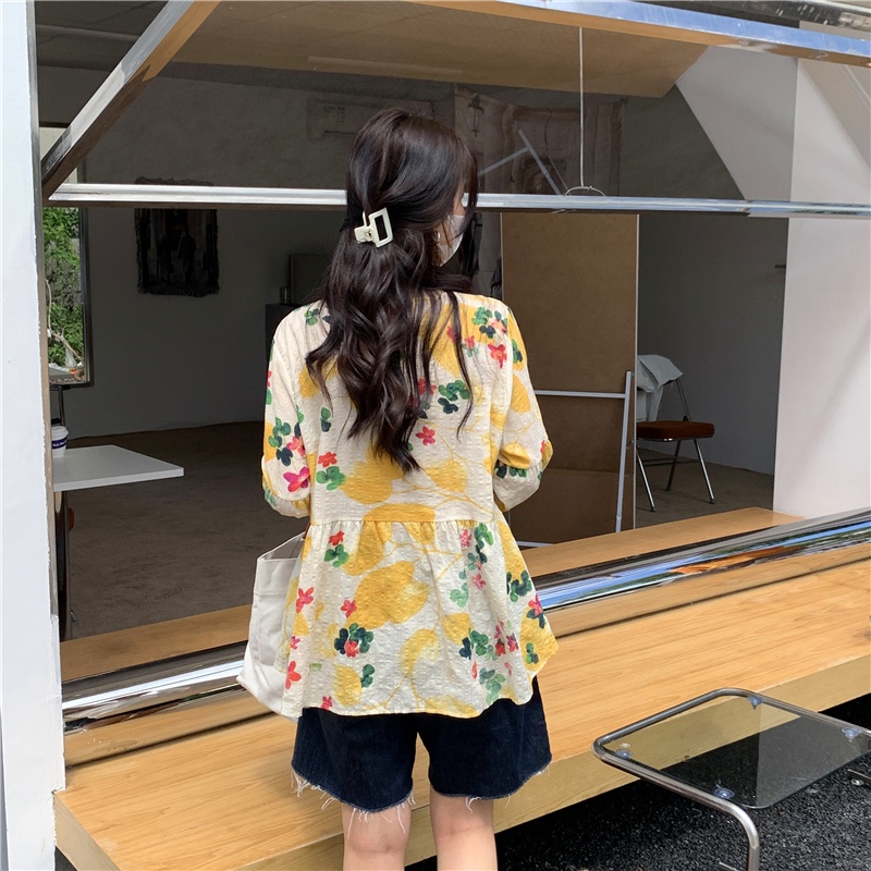 SUXI Áo Kiểu Tay Dài Cổ Tròn Hoạ Tiết Hoa Phong Cách Hàn Quốc