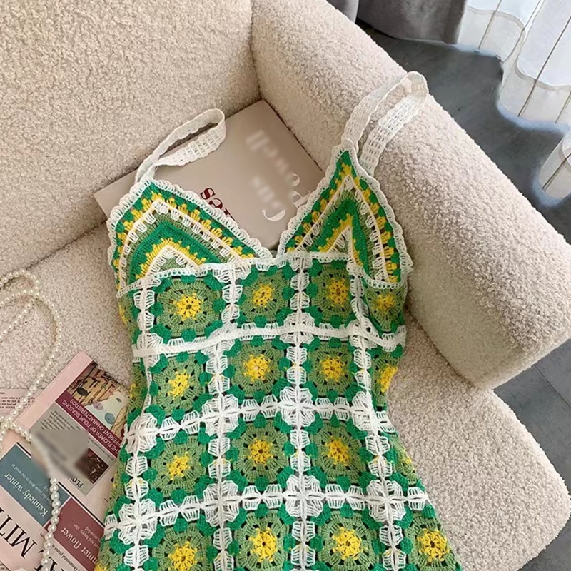 Đầm Hai Dây Dệt Kim Dáng Chữ A Hở Lưng Cổ Chữ V Thời Trang Mùa Hè Quyến Rũ Cho Nữ