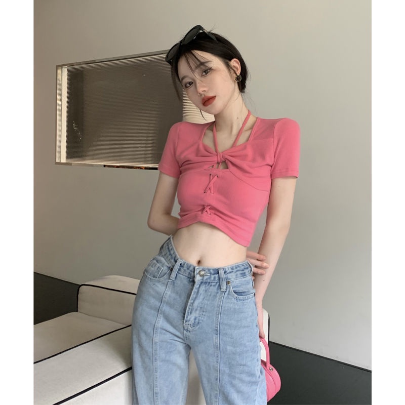 Jiashucheng Áo Thun Ngắn Tay Ôm Dáng Hở Lưng Màu Hồng Phong Cách Mới Mùa Hè Cho Nữ