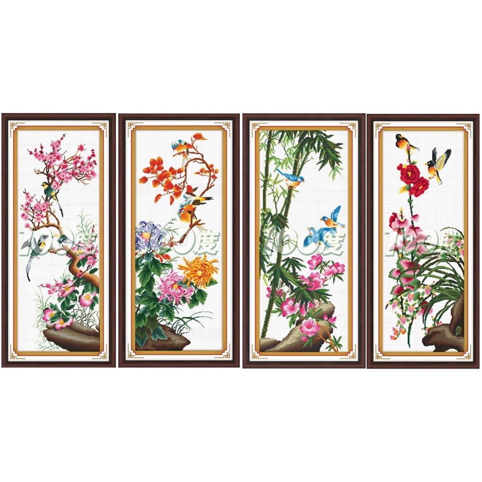 Tranh Thêu Chữ Thập Tứ Quý Đào Cúc Trúc Lan  Chưa Thêu 37*88*4