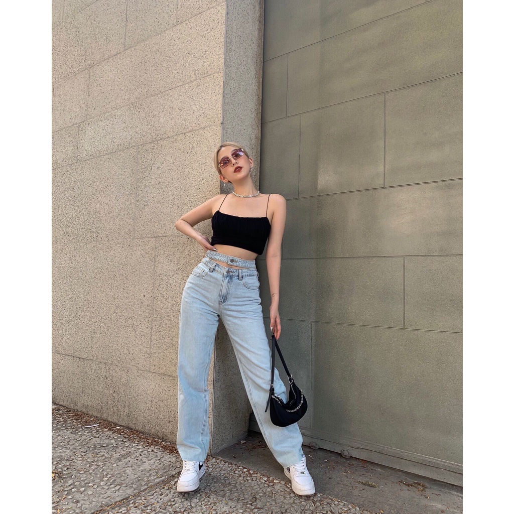 Quần jeans ống rộng CHICMONKI 2 lưng màu xanh nhạt thiết kế độc lạ CMJ971