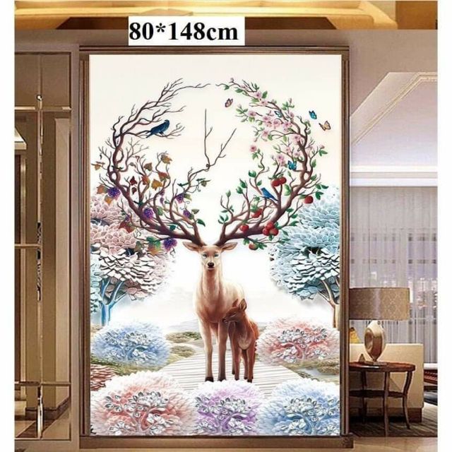 Tranh thêu chữ thập hươu tài lộc kt 65x121 và 80x148