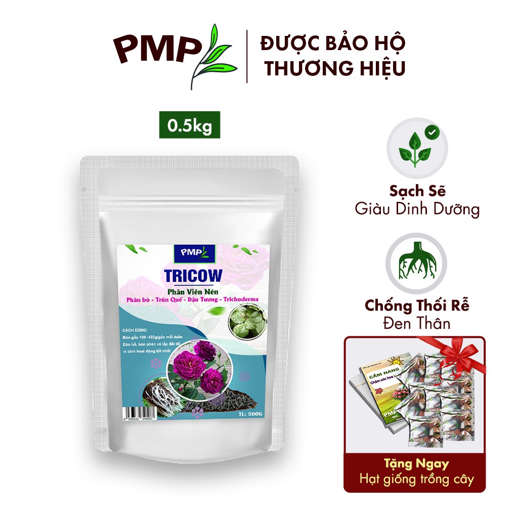 Phân Trùn Quế- Phân Bò- Đậu Tương Trichoderma PMP Dạng Viên Nén Cho Hoa Hồng, Rau Sạch, Cây Cảnh 500g