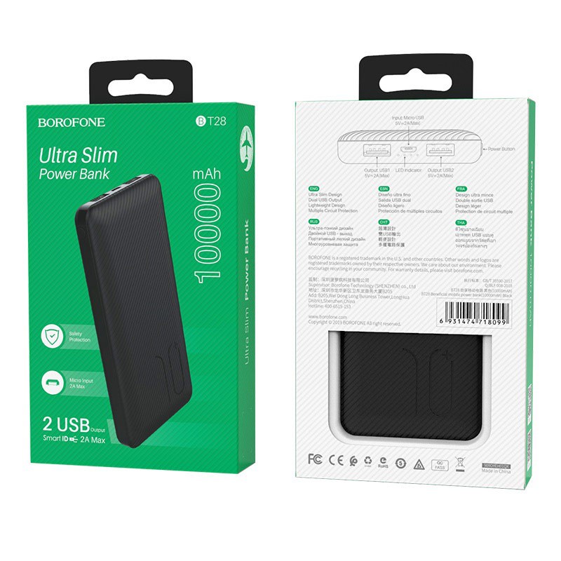 ✅HÀNG CHÍNH HÃNG✅ Sạc Dự Phòng Mỏng Gọn BOROFONE BT28 10000mAh Sạc Cùng Lúc nhiều Thiết Bị Cổng USB/Type-C BH 12 THÁNG