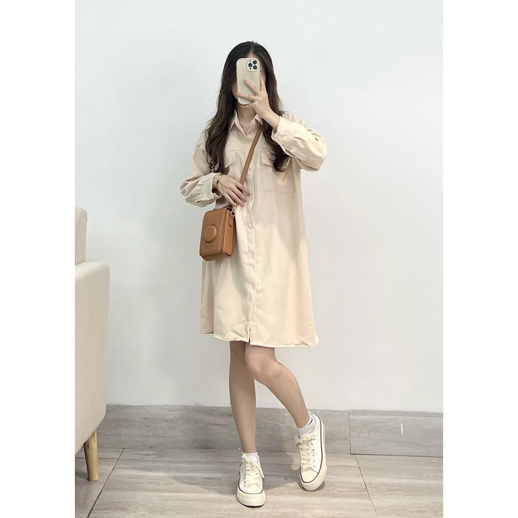 [Ảnh thật/Sẵn] Váy sơ mi trơn basic dáng suông chất nhung tăm dài tay form rộng oversize