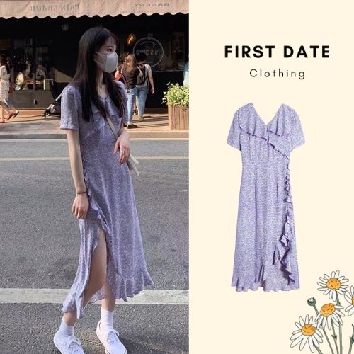 Váy hoa nhí đầm nữ maxi hoa nhí xẻ tà tiểu thư mỏng nhẹ nhàng màu tím đi biển Firstdateclothing