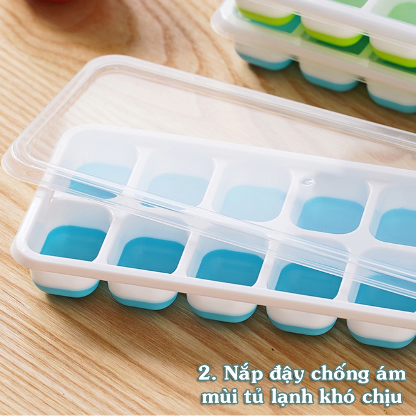 Khay đá dụng cụ làm đá chống dính 14 ô có nắp đậy chất liêu Silicone