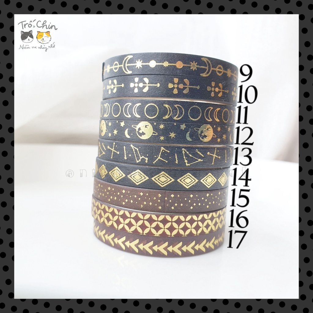 [HÀNG CÓ SẴN] [ẢNH THẬT] Washi tape nhũ ánh kim ĐEN HUYỀN BÍ - Gold Black Washi tape (5mm*2m)