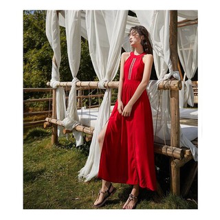 Váy maxi yếm đỏ xẻ tà buộc nơ