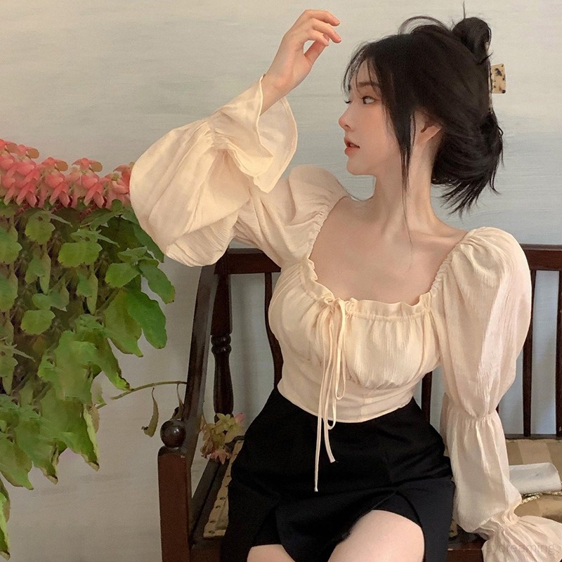 Áo Croptop Áo Sơ Mi Áo Kiểu Tay Dài Cổ Vuông Màu Sắc Thời Trang Xuân Thu Quyến Rũ Cho Nữ