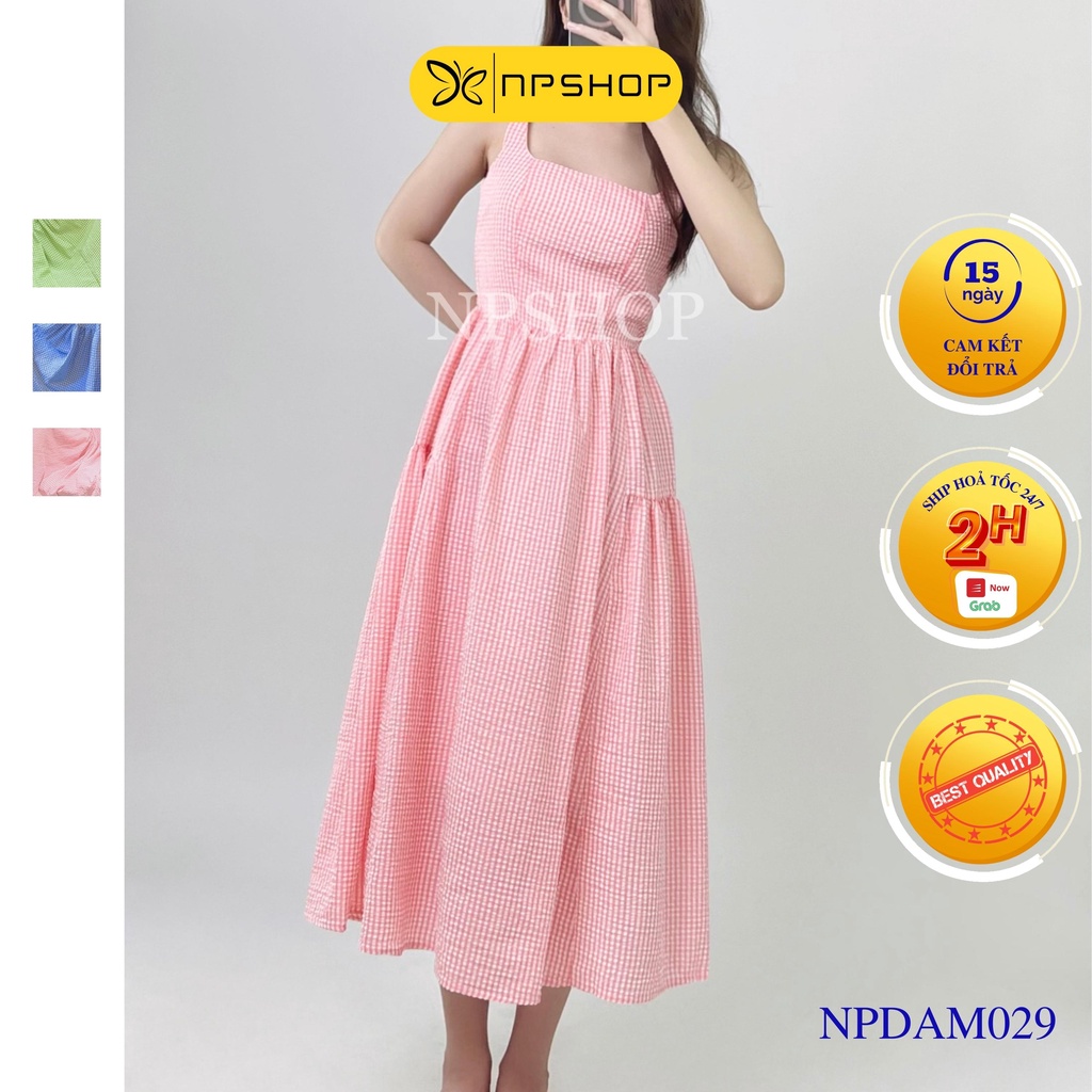 Đầm nữ maxi xoè 2 dây sọc caro NPSHOP, váy xoè hai dây bản to dáng dài NPDAM029