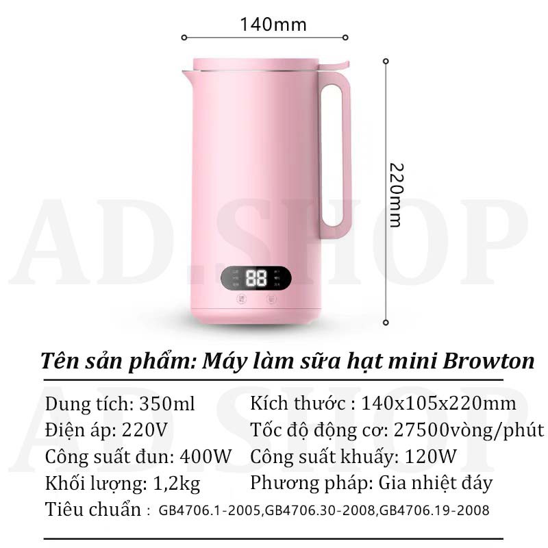 Máy làm sữa hạt mini 350ml siêu nhỏ gọn Browton nhập khẩu cao cấp, tiếng ồn nhỏ, có HDSD Tiếng Việt