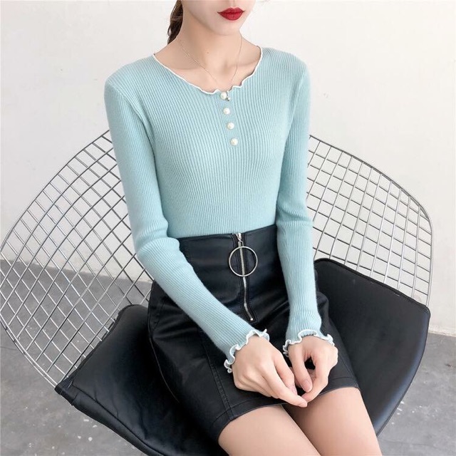 (HÀNG MỚI VỀ) Áo len cúc ngọc tay điệu tiểu thư | BigBuy360 - bigbuy360.vn