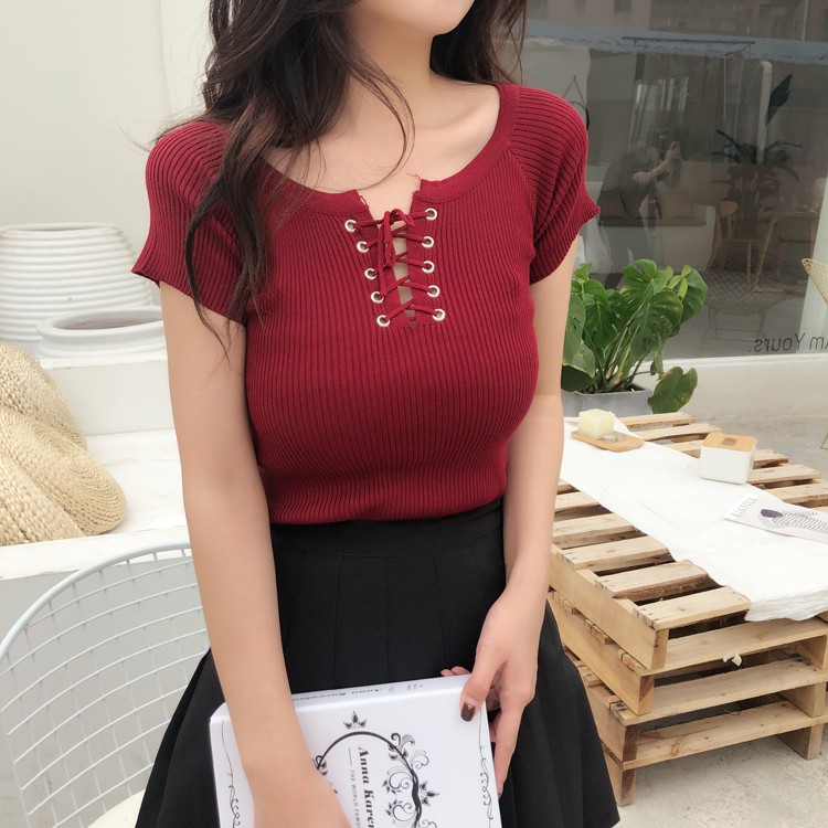 Phụ nữ blouse dệt Bông vàng t-shirt chéo cà vạt đầu ngắn tay áo đầu