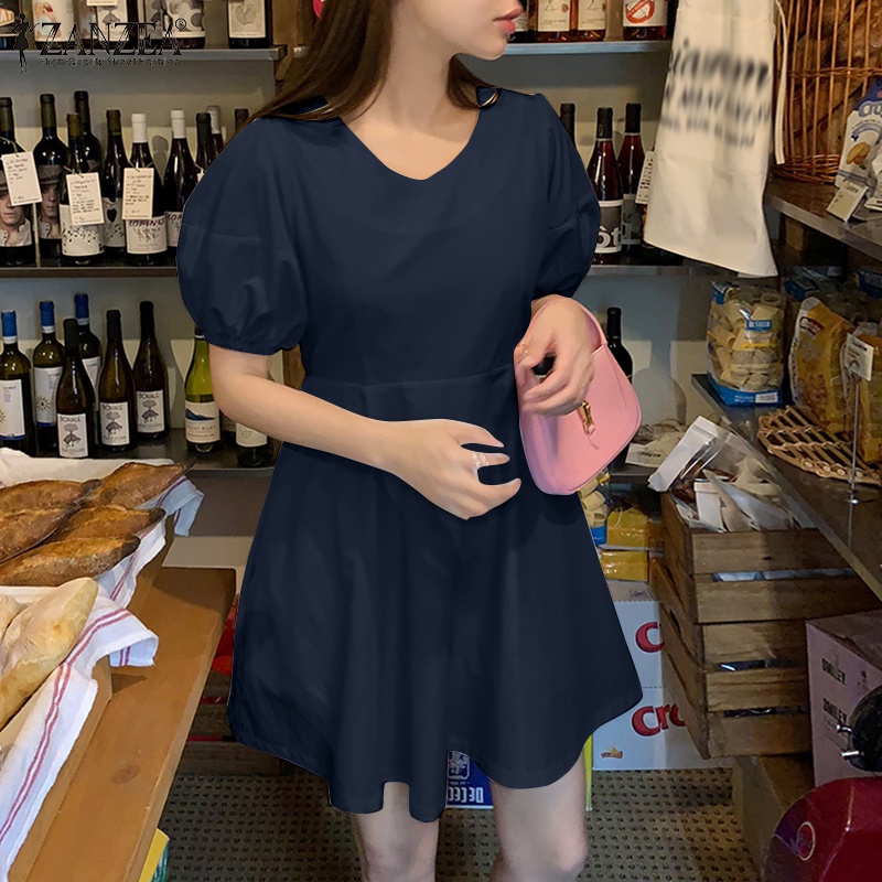 ZANZEA Đầm Ngắn Cổ Tròn Tay Phồng Thời Trang Nữ Hàn Quốc
