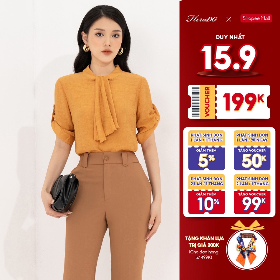 Áo sơ mi kiểu kẹp bèo cổ HeraDG thiết kế tay cộc lơ vê, chất liệu vải tơ cao cấp mềm mịn và thoáng mát SAKBA052-S