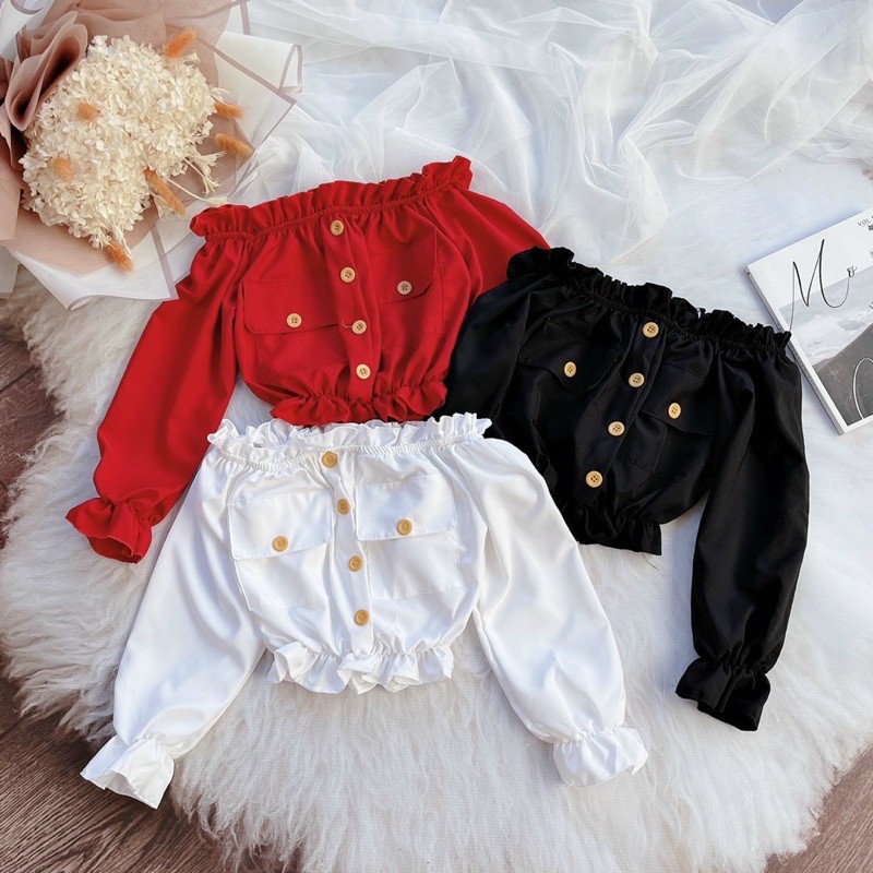 áo croptop bẹt vai túi hộp phối nút mới về