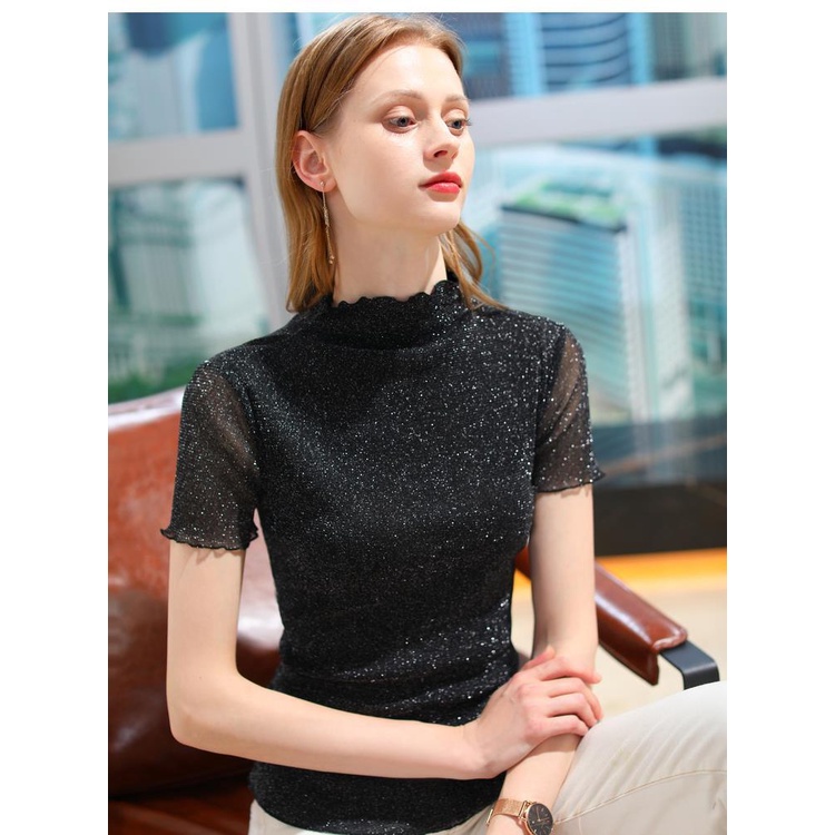 Áo Thun Tay Ngắn Cổ Lọ Phối Lưới Màu Hồng Thời Trang Cho Nữ