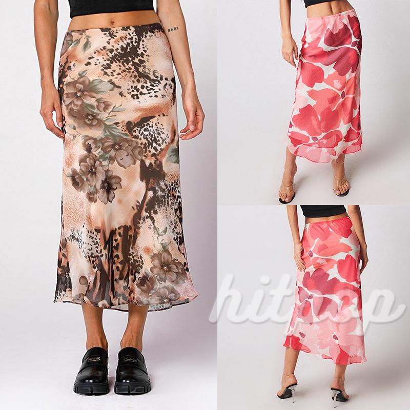 Hitpop-Women Fashion Mid-Length Skirt Leopard Floral Print Elastic Waist Skirt Summer Casual Chic Pencil Skirt