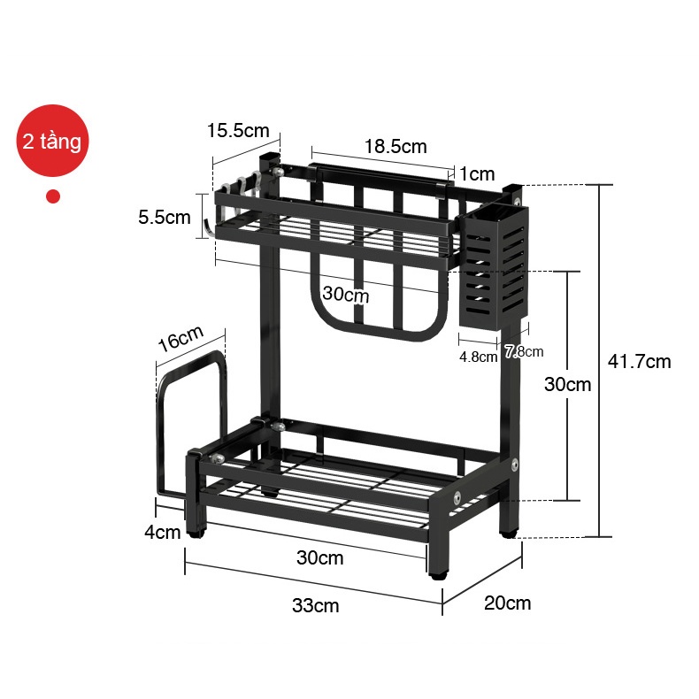 Kệ gia vị 2 tầng thép đen có chỗ để dao thớt