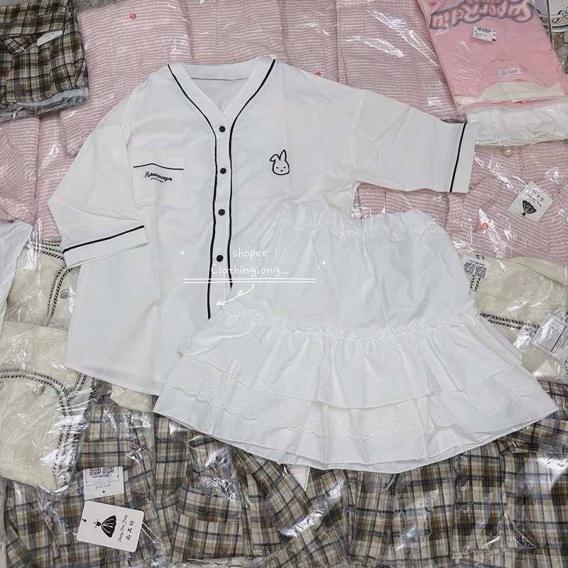 Set áo bóng chày cute + chân váy ba tầng