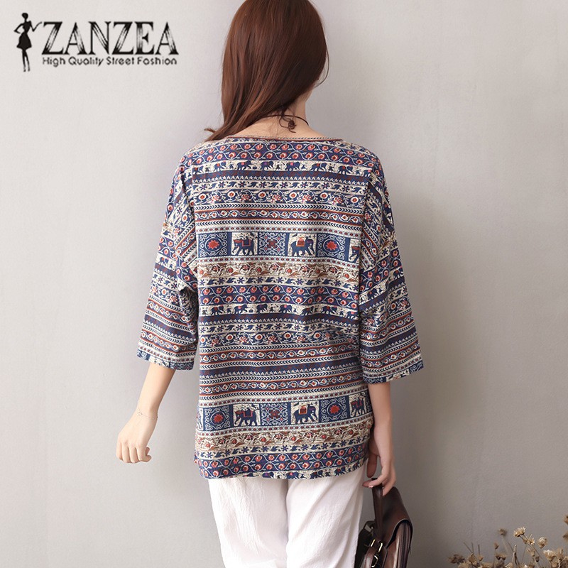 ZANZEA Women Casual Floral Printing 3/4 Sleeve O-neck Loose Vintage Blouse