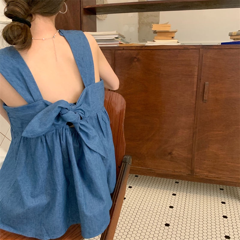 Áo Denim Không Tay Đính Nơ Thời Trang Mùa Hè Cho Nữ